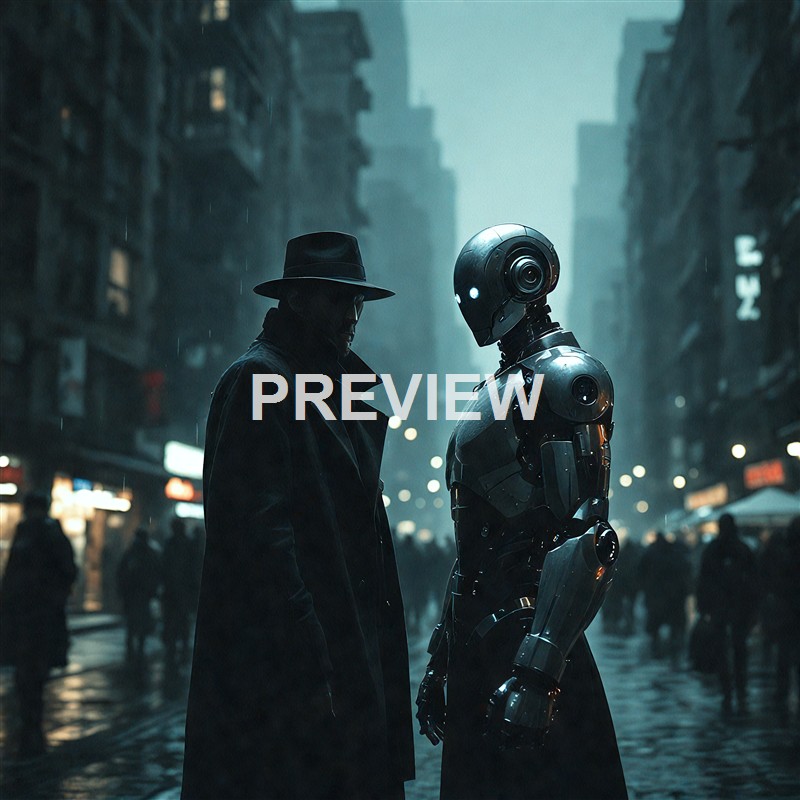 A person dressed in a long coat and fedora hat facing a humanoid robot with a city street background at night, illuminated by streetlights and signs.